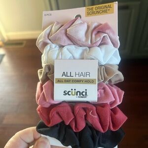 Scunci Hair Scrunchies in Pink, White, Tan, Brown, Red, and Black